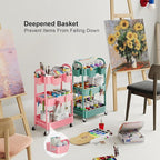 Green 3 Tier Rolling Cart Metal with Lockable Wheels, Three Tiered Craft Cart Organizer on Wheels, Utility Storage Carts for Art, Baby Supplies, Diaper Caddy, Snack, Pantry, Nail, Lash, Cleaning