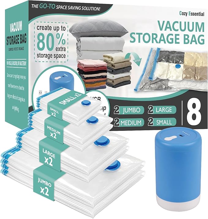 Cozy Essential Travel Vacuum Clothes Bags with Electric Pump for Luggage, Suitcase, Seal Space Saver Compression for Clothing, Transparent, 8 Pack