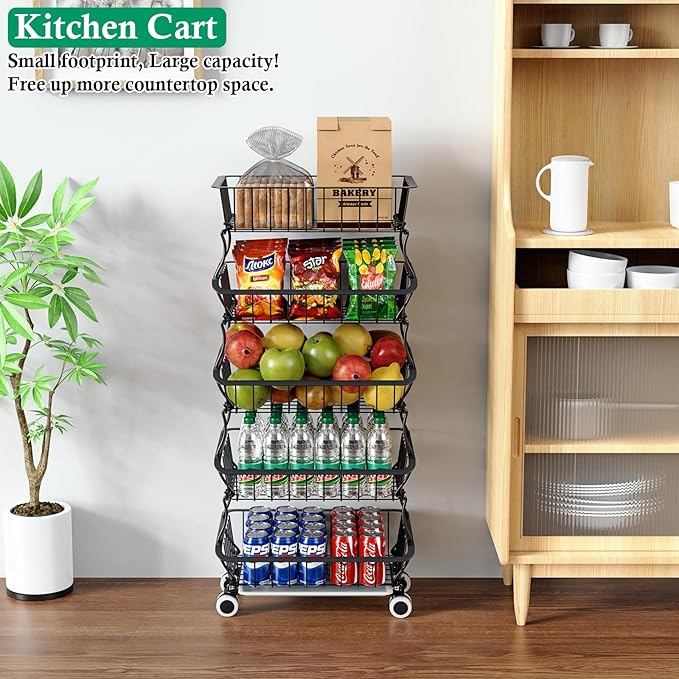 5 Tier Fruit Basket for Kitchen, Stackable Bins Wire Rack with Wheels, Fruit and Vegetable Storage Basket Pantry Food Snack Organizer Shelf, Kitchen Storage Cart for Onion and Potato, Produce