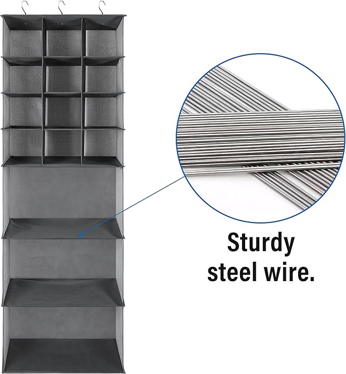 Libeder Shoe Organizer for Closet, 15 Shelf Hanging Closet Storage Shelves,12 Shoe Rack Organizer 3 Large Compartment for Clothes, Space Saving Closet Organizer for Shoes with 3 Metal Hook(Grey)