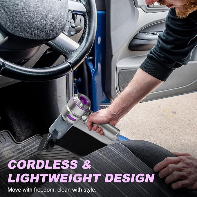 Handheld Car Vacuum Portable Cordless - 18000PA High Power with Brushless Motor, 4-in-1 Air Duster, Blower, Pump & Rechargeable Mini Vacuum for Car, Home, Office (Silver Grey+Purple)