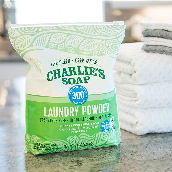 Charlie’s Soap Laundry Detergent Powder – 8 lb Bulk, Fragrance-Free, Hypoallergenic, Plant-Based, Biodegradable, Eco-Friendly, Deep Cleaning Powder for Sensitive Skin & HE Washers