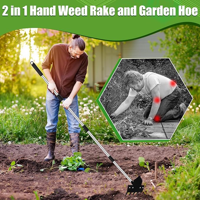 2-in-1 Hoe Garden Tools, 17-58" Weed Puller Tool with Long Handle, Heavy Duty Handle Garden Hoe and Weed Rake, Hoes for Gardening Yards Lawns Gardens Weeding