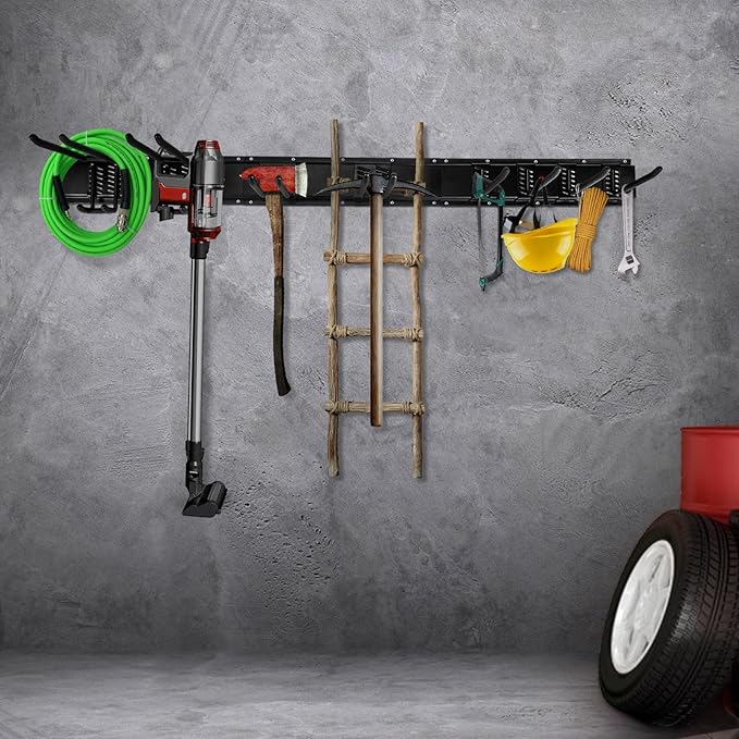 11Pcs Garage Wall Mount Tool Storage Rack - Adjustable Garden Tool Storage Hooks, Heavy Duty Utility Shed Organization Rack for Hanging Rake, Broom, Mower, Snowboard and Other Yard Tool