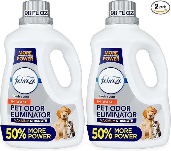 Febreze Laundry Detergent Additive for Pet Supplies,Maximum Strength In Wash Pet Odor Eliminator,Designed to Remove Tough Odors in Fabrics and Clothing-in a Wash,Fresh Scent,98 fl oz,(Pack of 2)