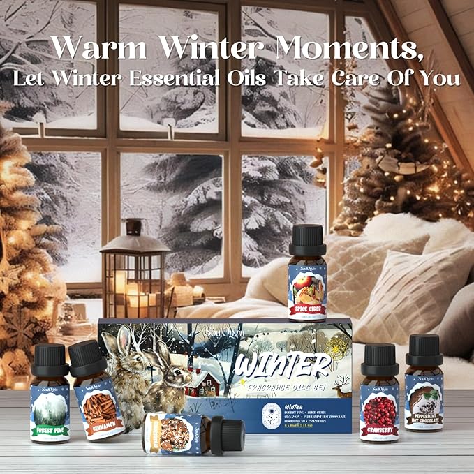 Winter Essential Oils Set, Fragrance Oil Gift Set for Oil Diffusers, Scented Oils for Soap 6x10ml - Forest Pine, Spiced Apple Cider, Cinnamon, Mint Hot Chocolate, Gingerbread, and Cranberry