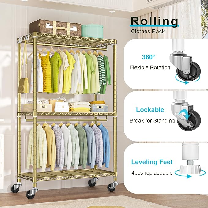 P3 Rolling Clothes Rack, Clothing Racks for Hanging Clothes, Heavy Duty Garment Rack with Wheels, Freestanding Portable Closet Organizer 39.4'' W x 14'' D x 78.5'' H, Max Load 464 LBS, Gold