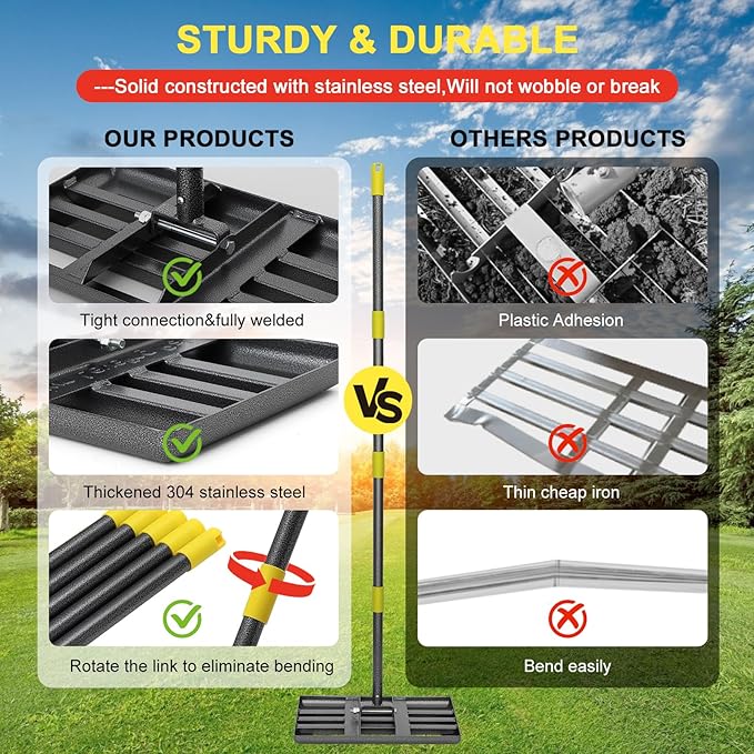 Lawn Leveling Rake - Heavy Duty 17"x10" Stainless Steel Leveler Plate,Reinforced Welds,28-60" Adjustable, Anti Flipping Smooth Edge,for Soil, Dirt,Ground,Backyard Top Dressing,Landscaping