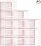 Kuject Shoe Organizers Storage Boxes for Closet, 12 Pack Clear Plastic Stackable Storage Bins with Lids, Under Bed Shoe Containers for Entryway, Drop Front, Fit up to Women's Size 10,Pink