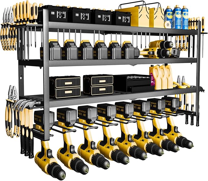 Power Tool organizer, 4 Layer Heavy Duty Metal tool Organizer Loads 260lbs, Garage Wall Organizer 8 Cordless Drill Holder, Wall mounted Tool Organizer for Garage Workshop - 33 Inch
