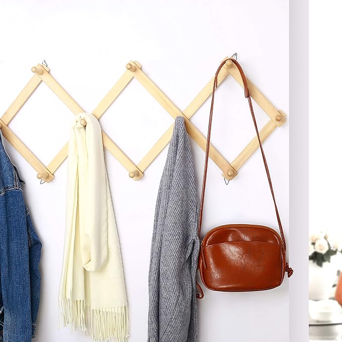 Dseap Accordian Wall Hanger: 16” High Wooden Wall Expandable Coat Rack, Hat Rack Holder, Accordion Hook for Baseball Caps, Coats, Mugs, 10 Peg Hooks, Natural