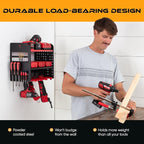Power Tool Organizer - Wall Mount Storage for Garage Organizes 4 Cordless Drills & Tools - Heavy Duty Rack w Pegboard Sides Shelves & Hooks - Neatly Holds Screwdrivers & Drill Bits RED/BLACK