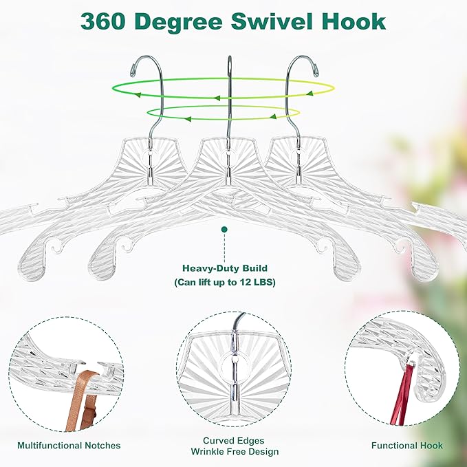 Quality Hangers 96 Pack Clear Plastic Hangers with Super Easy 360 Degree Swivel Hook – Shirt Hangers with Precision Notches for Secure Hanging – Slim Crystal Coat Hangers – 17 Inches (96, 17")