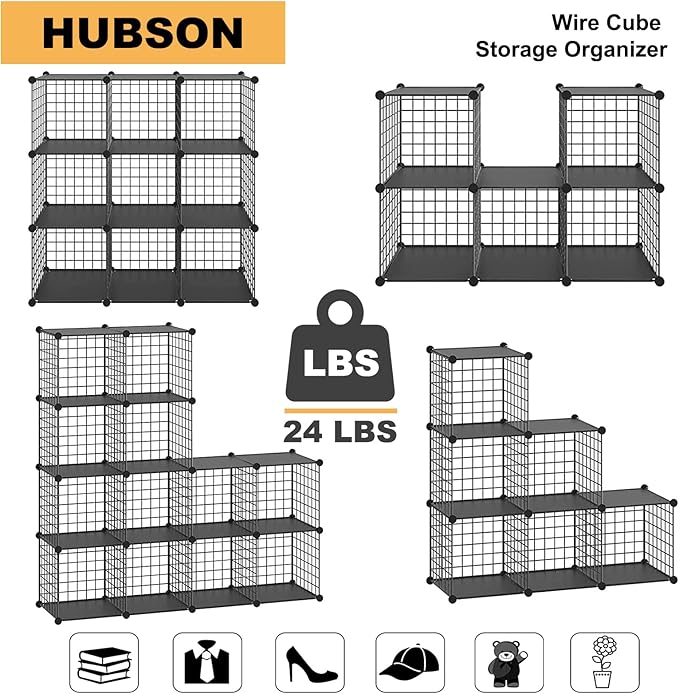 HUBSON Wire Cube Organizer, Book/Toy/Craft/Potted Plants and Pet Closet Organizers, 16-Cube Freely Combinable Metal Grids Storage Shelf, Black Plus Iron