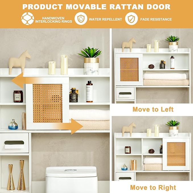 6Tier Over The Toilet Storage Cabinet, Freestanding Above Toilet Space Saver Rack w/Adjustable Shelves, Sliding Door, Multifunctional Over Toilet Organizer for Bathroom (White)