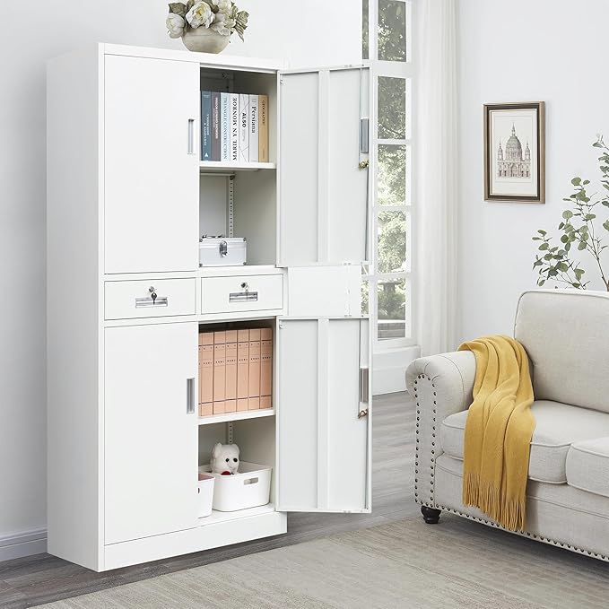 Metal Storage Cabinet with 2 Drawers 71" H,White Metal Garage Cabinets with 2 Lockable Doors and Adjustable Shelves Easy to Assemble for Home Office, Kitchen,Pantry,Garage,Warehouse