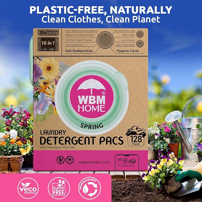 WBM Laundry Detergent Pods, Spring Fragrance Scent, 128 Count - HE Concentrated Laundry Pods With 10x Ultrapower Cleaning and 4D Laundry Stain Remover