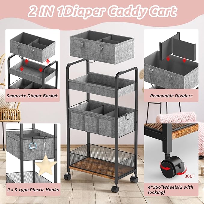 2In1 Baby Diaper Caddy & 3-Tier Rolling Diaper Cart, Diaper Caddy Organizer Cart with Dividers, Mobile Metal Utility Cart for Nursery Essentials, Detachable Bedside Cart, Large Capacity