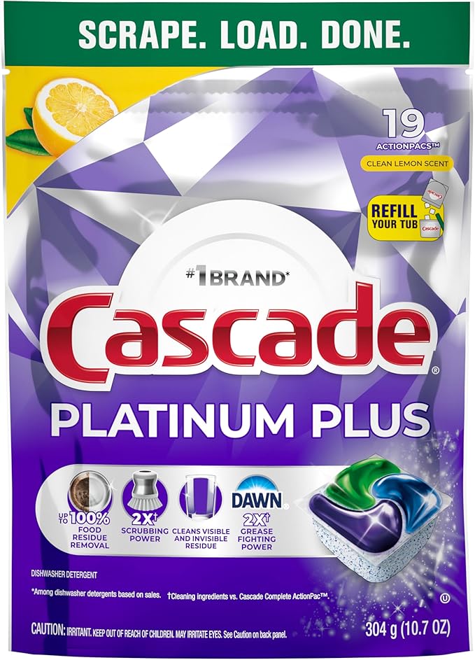 Cascade Platinum Plus Dishwasher Pods, Dishwasher Detergent, Dish Detergent Soap, Lemon, 19 Count