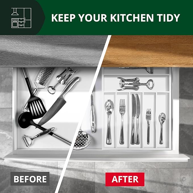 ROYAL CRAFT WOOD Luxury Bamboo Kitchen Drawer Organizer - Silverware Organizer - Utensil Holder and Cutlery Tray with Grooved Drawer Dividers for Flatware and Kitchen Utensils (7 Slot, White)