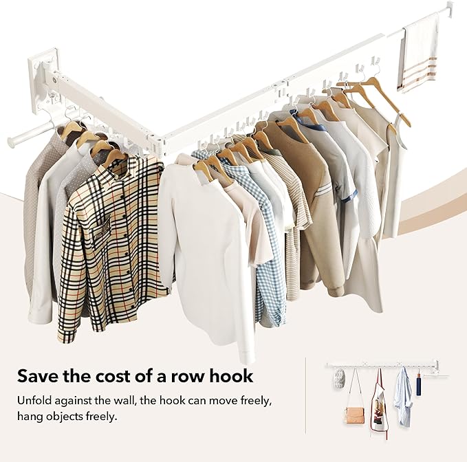 Wall Mounted Clothes Hanger,Clothes Drying Rack,Laundry Drying Rack,Clothes Rack Wall Mount,Drying Rack Clothing,Retractable,Collapsible,can Fold Upward & Left & Right (Upgrade-White)