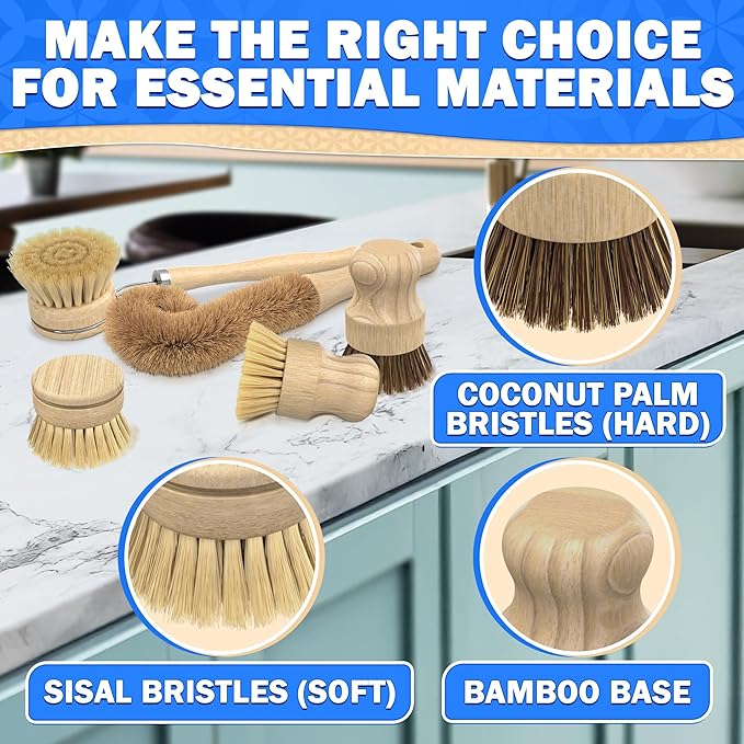 5 Pcs Bamboo Dish Brush Set – Wooden Dish Brush with Ergonomic Handle for Scrubbing Pots and Pans – Durable, Scratch-Free Bristles for Effective Dishwashing & Easy Grip for Comfortable Use