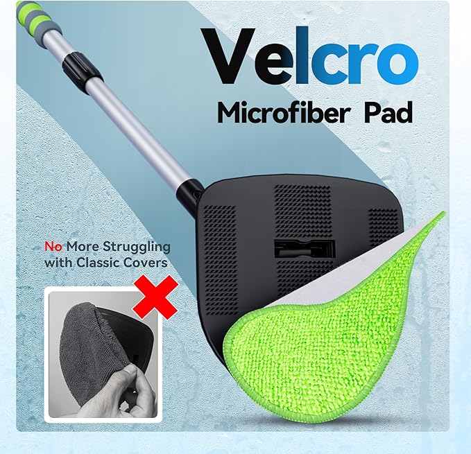 XINDELL Windshield Cleaner Tool – 360° Rotation Large Head Car Window Cleaning Kit with Extendable Handle, 5 Microfiber Velcro Stick Pads, Dry&Wet Use for Auto Glass, Trucks, SUVs, RVs, Home