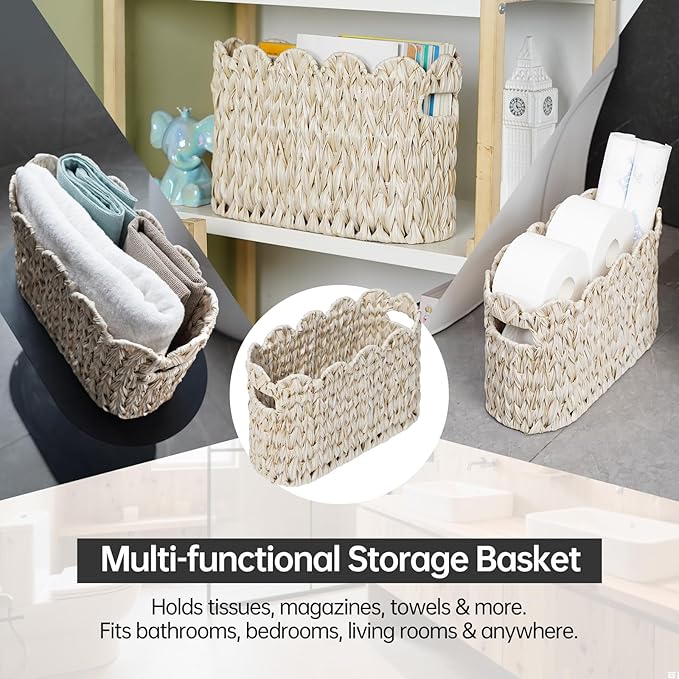 Toilet Paper Storage Basket,Boho Decorative Scalloped Baskets,Coastal Bathroom Decor,Hand-Woven Plastic Wicker Bathroom Accessories Organizer