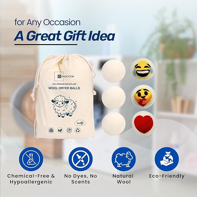 Dryer Ball Kit: 6 XL Wool Dryer Balls - Natural Fabric Softener, Reusable, Reduces Clothing Wrinkles and Saves Drying Time - Reduces Wrinkles and Saves Drying Time (6pcs Wool Dryer Ball) (White)
