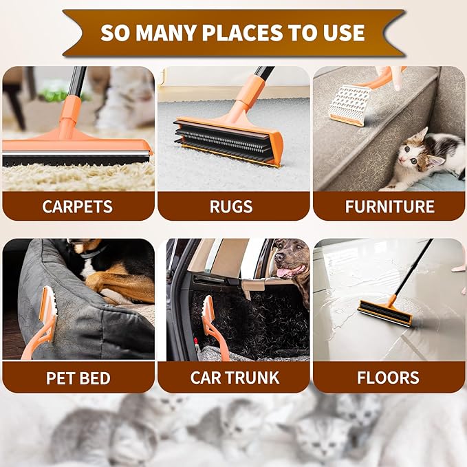 Carpet Rake for Pet Hair Removal - 3 in 1 Pet Hair Remover Tool with 58" Adjustable Long Handle,Reusable Dog & Cat Carpet Scraper,Pet Hair Remover for Rugs,Mats,Couch,Curtains(Orange)