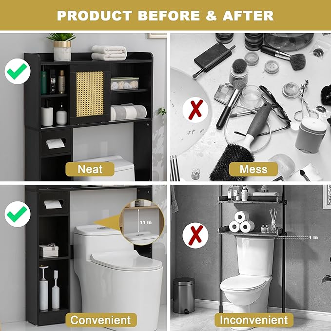 6Tier Over The Toilet Storage Cabinet, Freestanding Above Toilet Space Saver Rack w/Adjustable Shelves, Sliding Door, Multifunctional Over Toilet Organizer for Bathroom (Black)