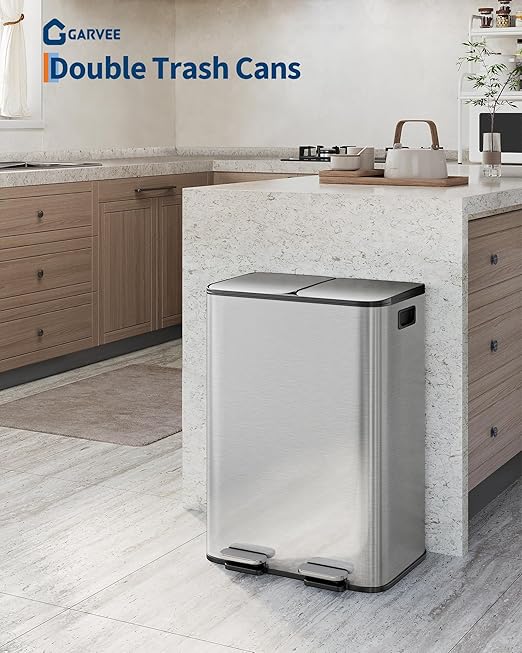 GarveeHome 2 x 8 gal Stainless Steel Double Trash Can with Lid for Kitchen, Large Dual Trash and Recycle Bin Combo, Step-on Kitchen Metal Garbage Cans, PP Inner Buckets, Liner Rim, Silver