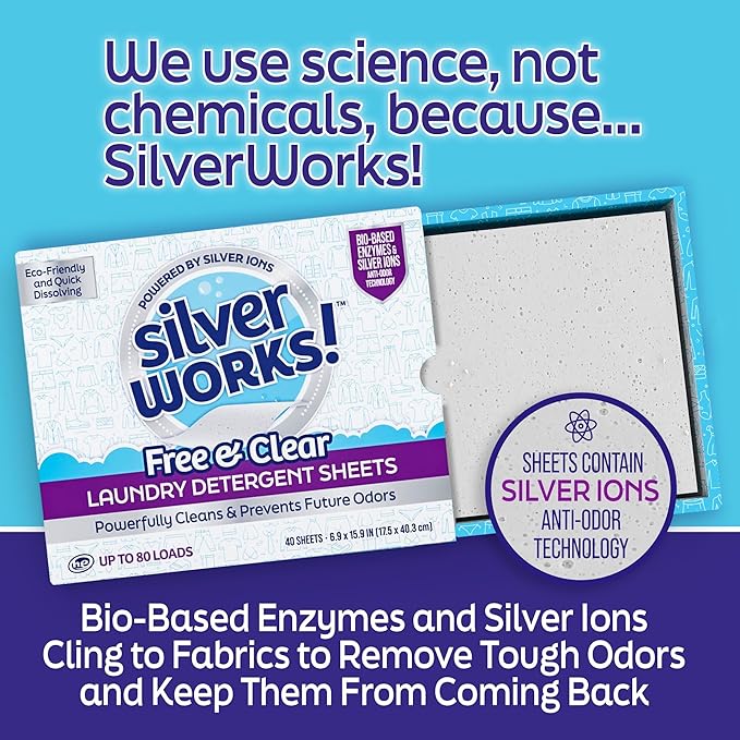 Premium Dissolvable Laundry Detergent Sheets, Silver Ion Odor Elimination Technology, Powerfully Clean & Prevent Odors, Dissolves Fully, 40 Sheets, Free & Clear
