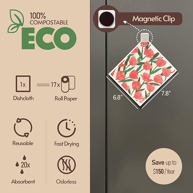 Swedish Dishcloths for Kitchen, 8 Pack Flower Reusable Paper Towels Washable, Non-Scratch Swedish Kitchen Towels, Super Absorbent Cellulose Dish Cloths, Eco Friendly Gifts