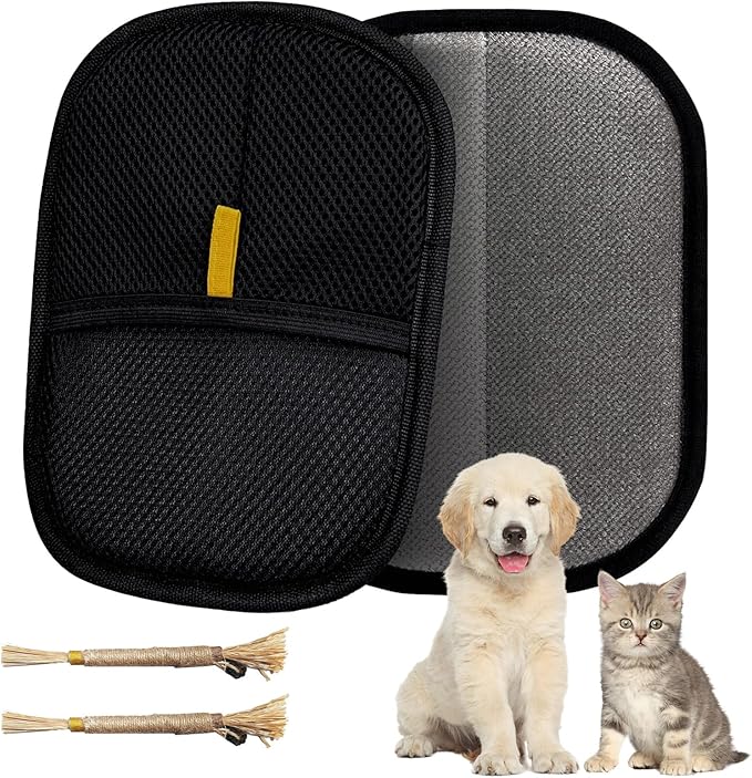 Pet Hair Removal Glove for Furniture, Carpet, Clothes and Car Seats, Electrostatic Cat & Dog Hair Removal Tool, Eco-Friendly Reusable Pet Hair Remover Glove with Silvervine Sticks (1 Glove & 2 Sticks)