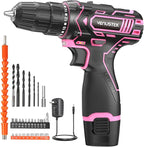 Cordless Drill Set, 12V Power Drill with 2.0Ah Battery and 2-Speed, 30Nm Torque, 25+1 Clutch Settings, 3/8" Keyless Chuck, Pink Electric Drills for Home DIY, Wood, Metal, Plastic Drilling