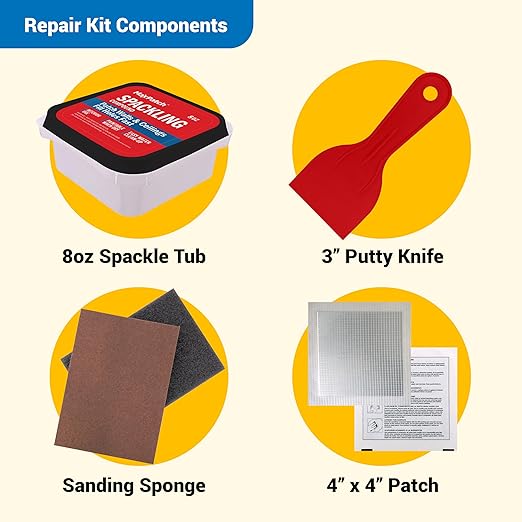 MaxPatch® Drywall Repair Kit - Includes 8 oz Spackling Compound, 4"x 4" Adhesive Metal Patch, Spackling Knife, Sanding Pad - All-in-One Solution for Wall and Ceiling Repairs