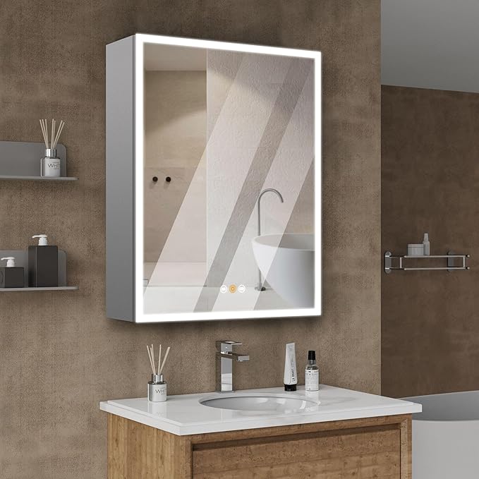 20”W x 26”H Medicine Cabinets for Bathroom with Mirror, Surface Mounted LED Medicine Cabinets Organizer with Defogger, Dimmer, Outlets & USB, Single Doors