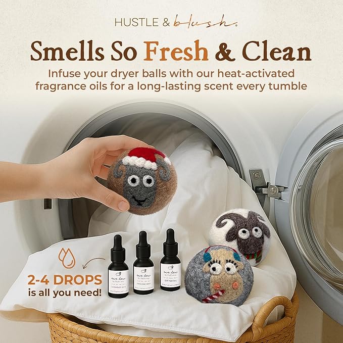 Hustle & Blush Fluff Ewes Wool Dryer Balls 3 Pack - XL Sheep in Heavenly Peace Premium New Zealand Laundry Set, Reduces Drying Time, Static Control, Chemical Free, Ideal Holiday Gifts for Women & Men