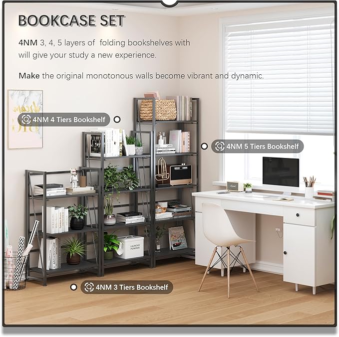 4NM No-Assembly Folding Bookshelf Storage Shelves 3 Tiers Vintage Bookcase Standing Racks Study Organizer Home Office (All Black)