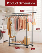 Sakugi Metal Clothes Rack - Double Rod Clothing Rack with Fixed Design and Rolling Wheels, Coat Rack with Built-In Shelf for Closet Organizers and Storage (45.6" x 16.9" x 61.0", Black)
