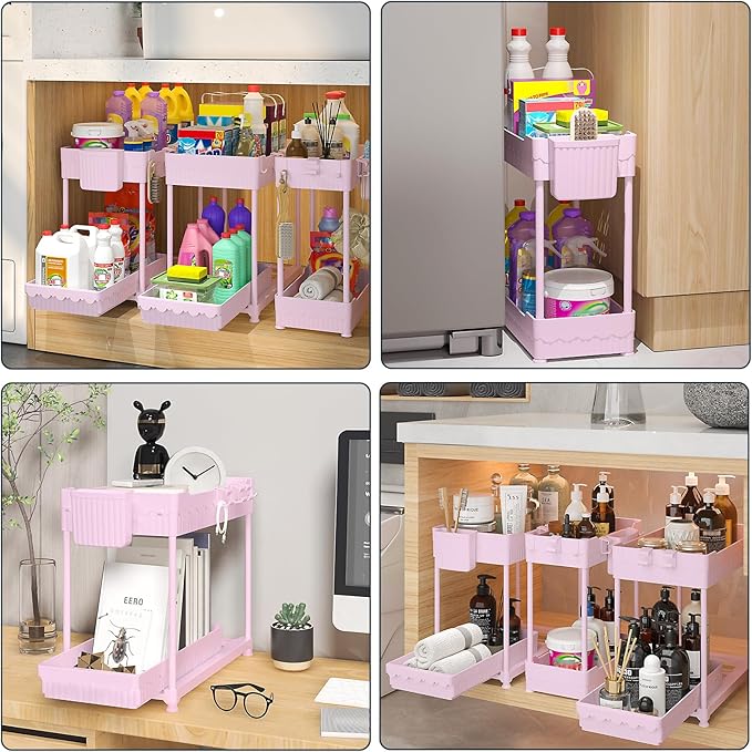 3 Pack Under Sink Organizers, 2-Tier Multi-Use Kitchen and Bathroom Organizers and Storage with Sliding Drawers，Bathroom Cabinet Organizer (Pink, 12.8 Inch)