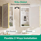 TokeShimi 17x25 Recessed Medicine Cabinet with Mirror Surface Mount, Aluminum Framed Metal White and Gold Medicine Cabinet with Mirrored, Bathroom Beveled Mirror Adjustable Storage
