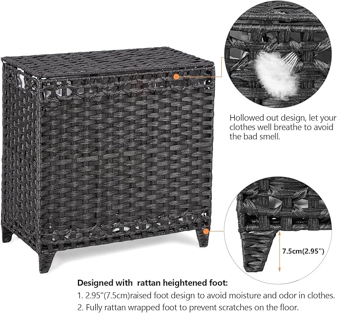 Laundry Hamper with 3 Removable Liner Bags; 132L Handwoven Rattan Laundry Basket with Lid & Heightened Feet; Clothes Hamper with Side Handles; Laundry Sorter with 3 Separate Sections (Black)