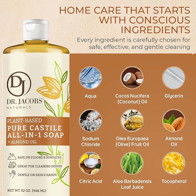 Dr. Jacobs Naturals Almond Castile All-in-One Cleaner and Soap - Plant-Based Formula for House Cleaning Floors and Appliances - Gentle on Skin and the Planet - 32 oz, 1 Pack