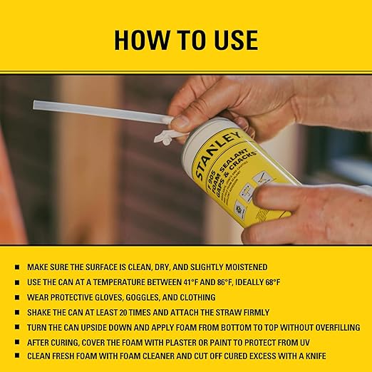 Stanley F905 Gaps & Cracks Sealant (2x12 Oz.) – Polyurethane Spray Foam Insulation for Window & Door, Waterproof Gap Filler, Low Expansion Foam for Indoor & Outdoor Use | Straw Use | 12 Oz. 2 Pack