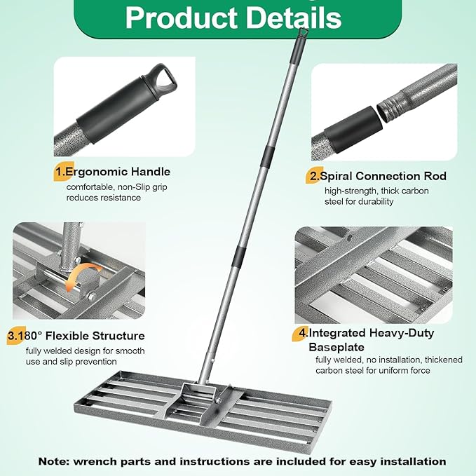 Lawn Leveling Rake Heavy Duty with 30"x10" Ground Plate, Steel Yard Lawn Rake Tool for Soil - Adjustable Effort Saving Handle, Metal Landscape Lawn Leveler for Garden, Topdressing & Seeding