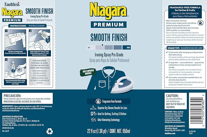 Niagara Spray Starch Smooth Finish (22 Oz, 12 Pack) Trigger Pump Liquid Starch for Ironing, Non-Aerosol Spray on Starch, No Flaking, Sticking or Clogging, Biodegradable Ingredients, Recyclable