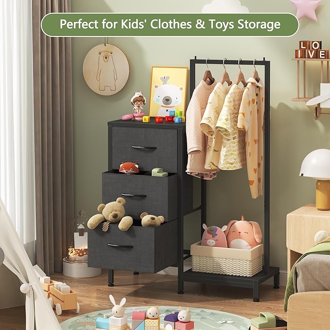Dresser for Bedroom with Hanging Rack, 3 Drawers Dresser for Bedroom - Black