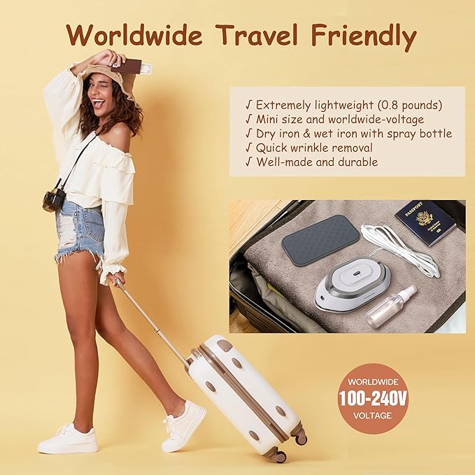 Newbealer Travel Iron with Global Voltage, 100-240V Mini Dry Iron for Clothes (No Steam), Max 300W, 60s Heat Up, 302℉ Non-Stick Ceramic Soleplate, 0.8lbs Ultra-Lightweight (Silver)